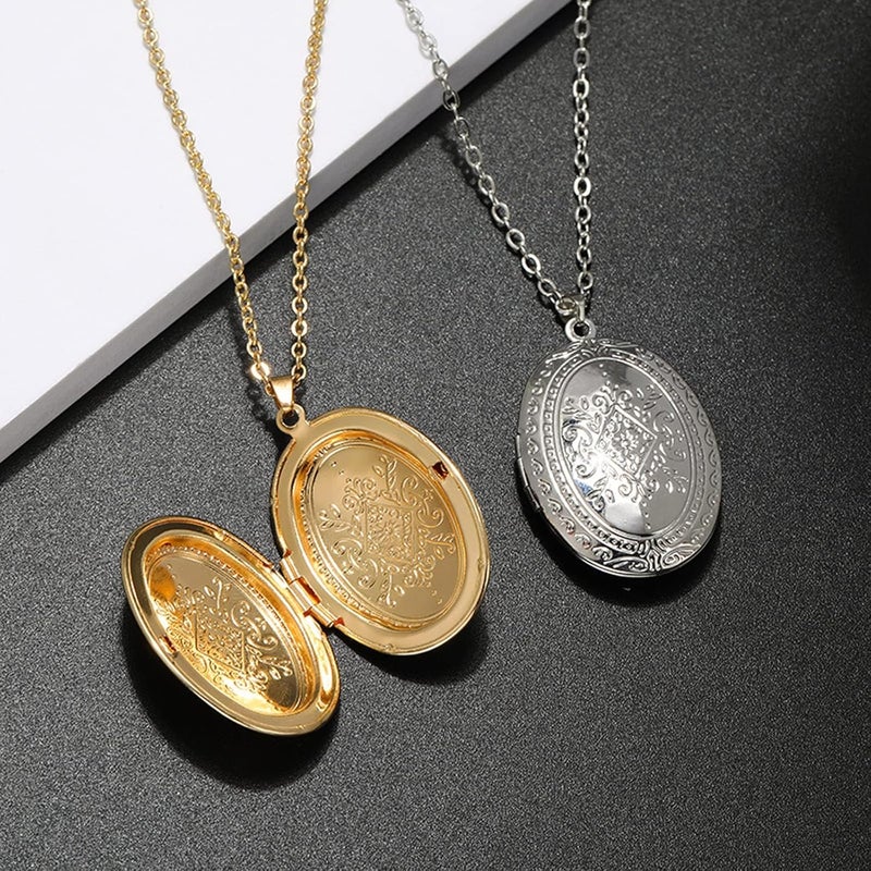 SCRDPRAD Vintage Engraved Flower Empaistic Photo Locket Hold Picture Oval Round Pendant Necklace Antique Carved Pattern Souvenir Memorial Clavicle Sweet Jewelry for Women - Image 2